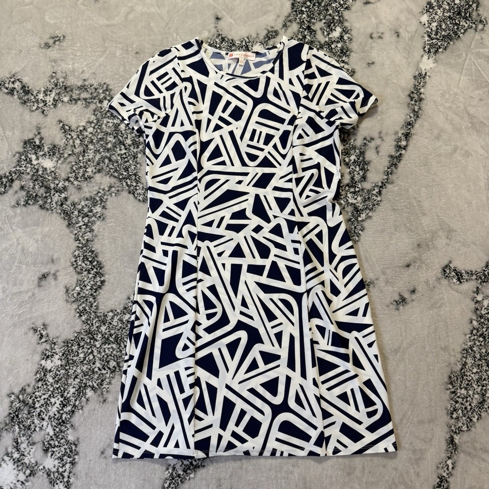 Jude Connally Dress Womens Size M Navy Abstract Geo Print Short Sleeve Sheath